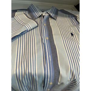 Vintage Ralph Lauren Men's USA White Blue Striped Button Shirt Hand Woven • L